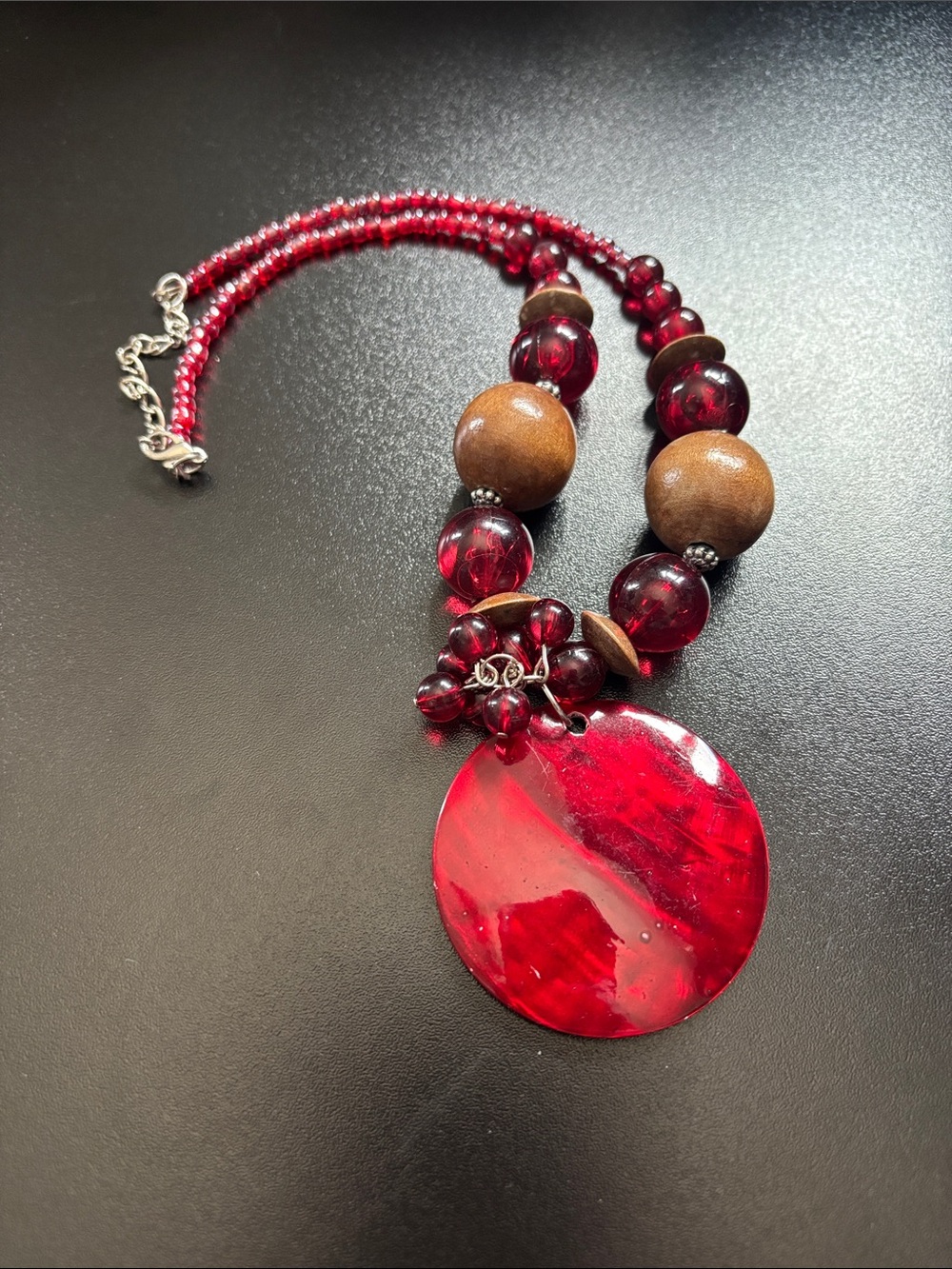 Red Beaded Statement Necklace with Wooden Accents